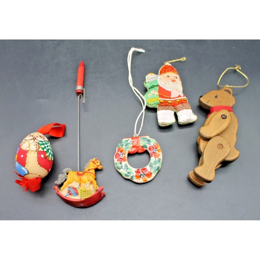 Lot of 6 Vintage Christmas Ornaments Wood Ceramic Embroidery Santa Wreath Horse